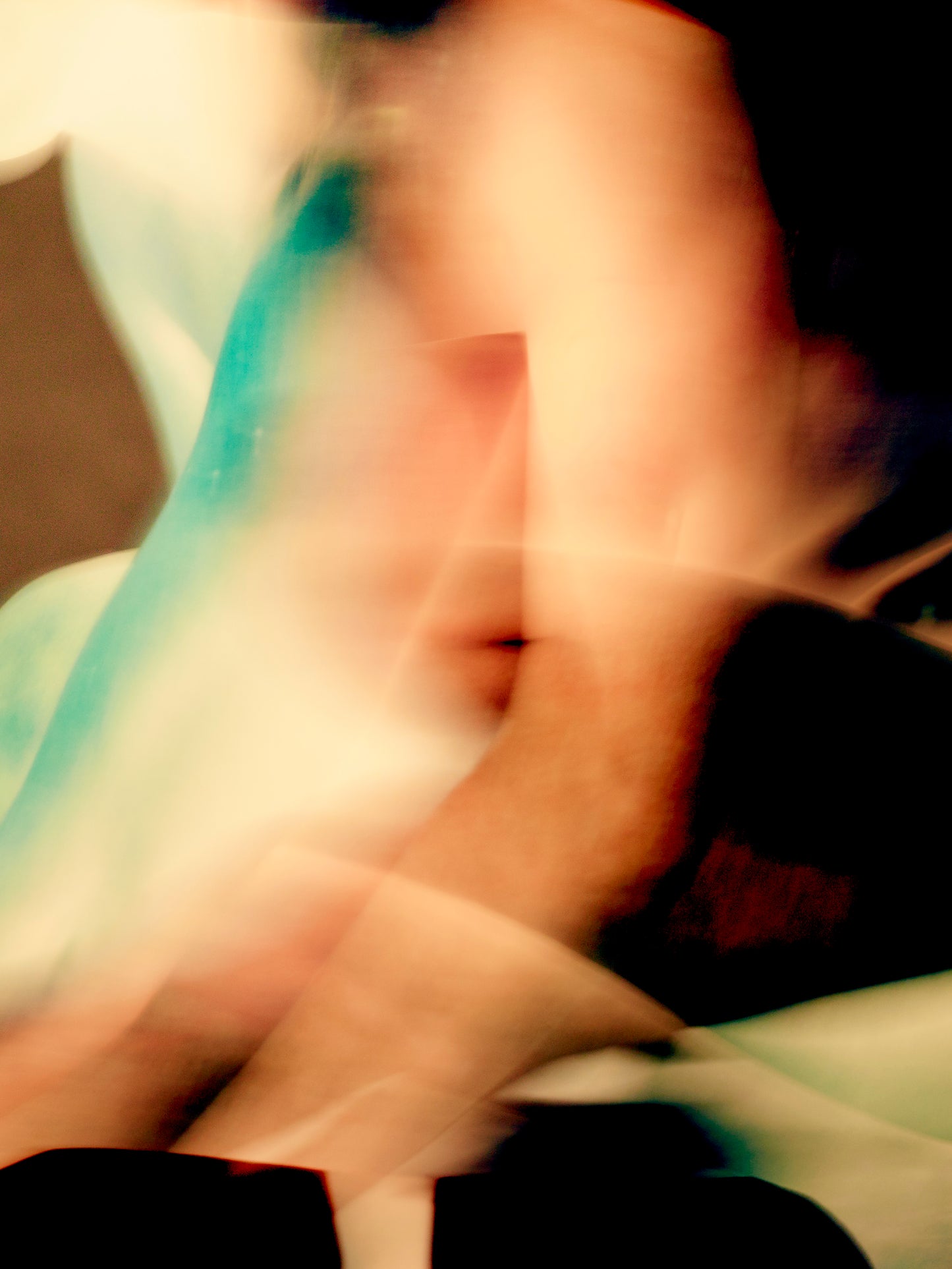 An abstract artwork by Myro Wulff featuring a blurred human figure in motion, with flowing shapes in shades of black, green, blue, and orange. The image has a dreamlike quality, evoking a sense of energy, transformation, and fluidity. Graduate Artist and Graduate Artworks by The Graduate Gallery.