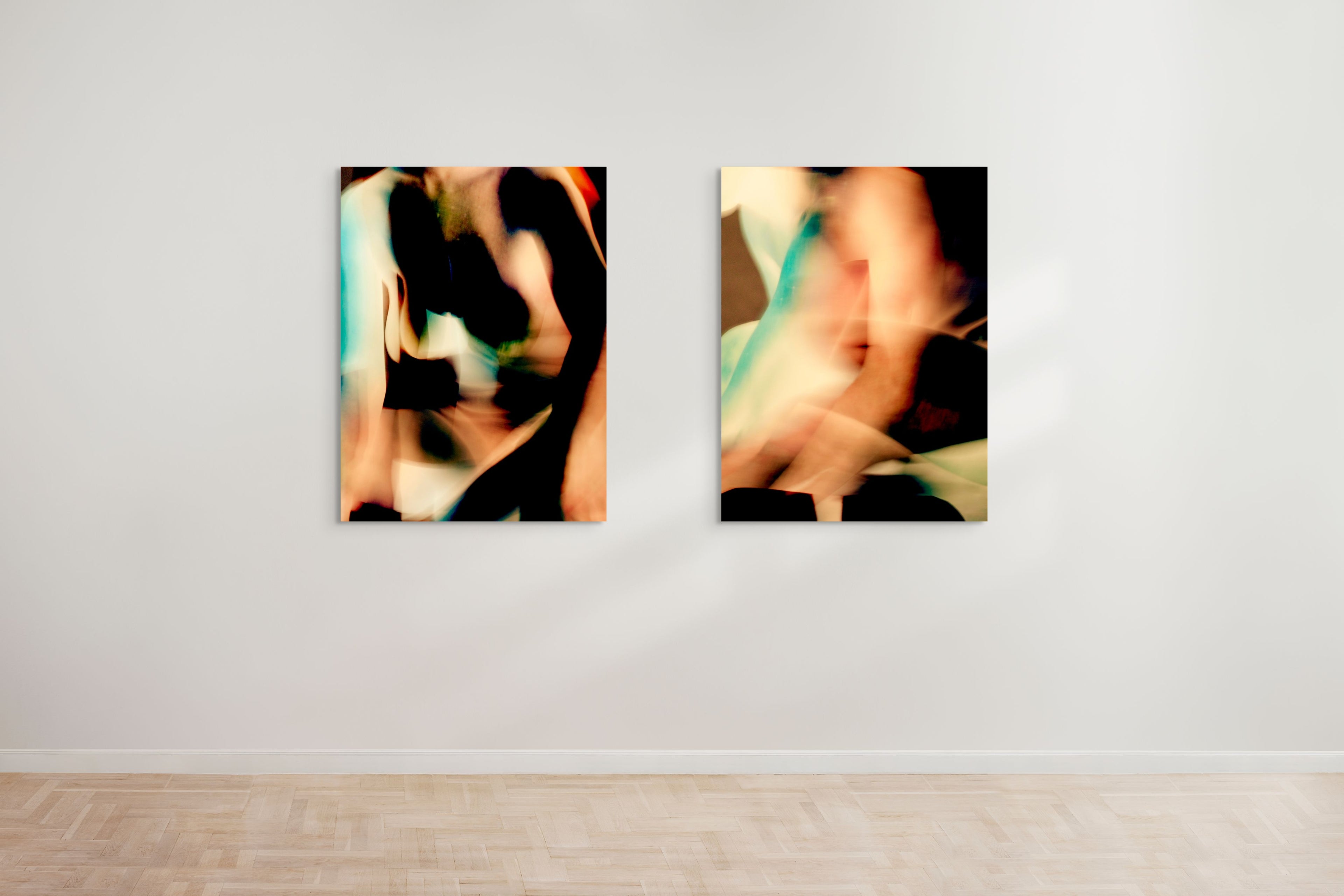 An abstract artwork by Myro Wulff featuring a blurred human figure in motion, with flowing shapes in shades of black, green, blue, and orange. The image has a dreamlike quality, evoking a sense of energy, transformation, and fluidity. Graduate Artist and Graduate Artworks by The Graduate Gallery.