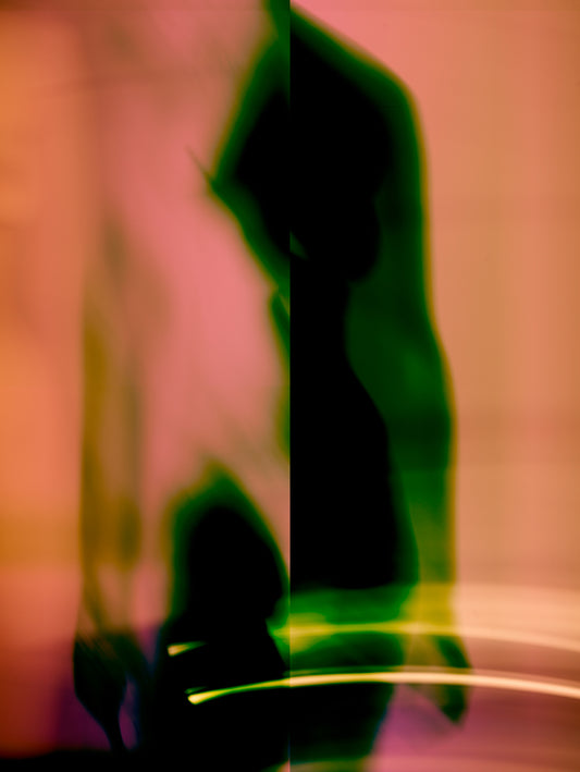 An abstract artwork by Myro Wulff featuring a blurred human figure in motion, with flowing shapes in shades of black, green, blue, and orange. The image has a dreamlike quality, evoking a sense of energy, transformation, and fluidity. Graduate Artist and Graduate Artworks by The Graduate Gallery.
