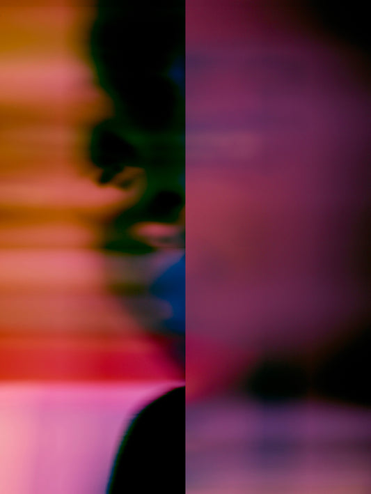 An abstract artwork by Myro Wulff featuring a blurred human figure in motion, with flowing shapes in shades of black, pink, and orange. The image has a dreamlike quality, evoking a sense of energy, transformation, and fluidity. Graduate Artist and Graduate Artworks by The Graduate Gallery.