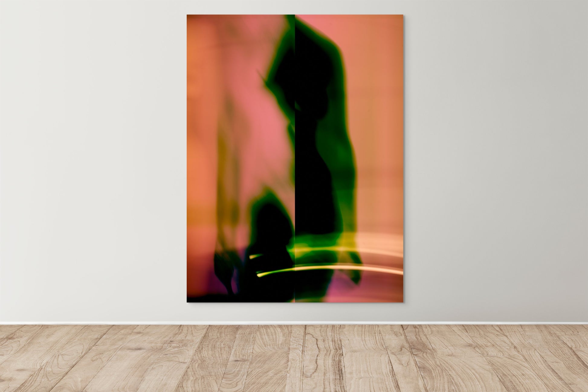 An abstract artwork by Myro Wulff featuring a blurred human figure in motion, with flowing shapes in shades of black, green, blue, and orange. The image has a dreamlike quality, evoking a sense of energy, transformation, and fluidity. Graduate Artist and Graduate Artworks by The Graduate Gallery.