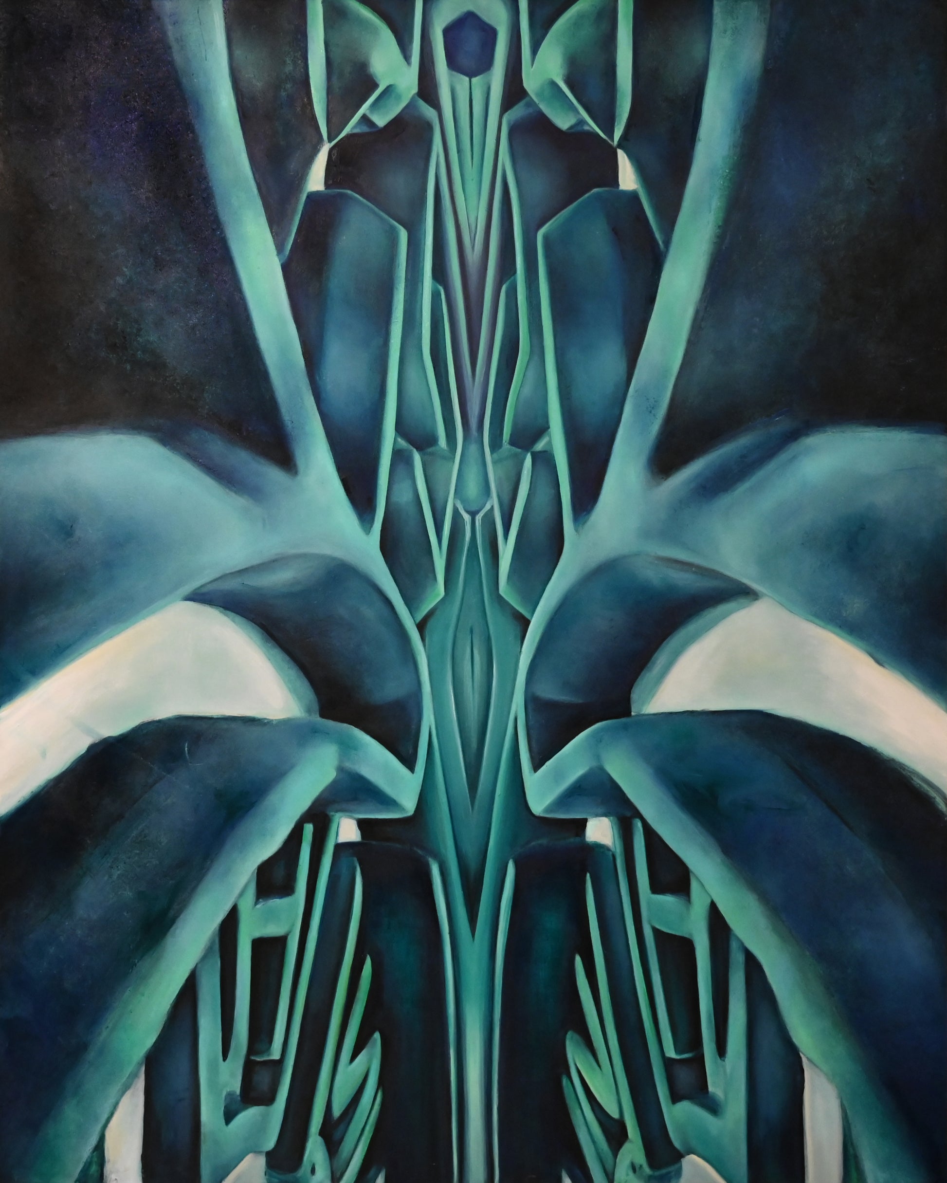 A green oil painting by Angelique Nagovskaya. A UK graduate artwork. Angelique Nagovskaya, an alumni from the Royal College of Art, paints dystopic futuristic paintings.
