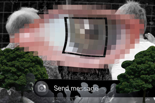 A heavily pixelated eye overlays a black-and-white image of two people on a bench. Green trees frame the scene, hinting at the creative talent of a graduate artist in the UK. At the bottom, a Send message icon invites you to explore more graduate artworks for sale by The Graduate Gallery