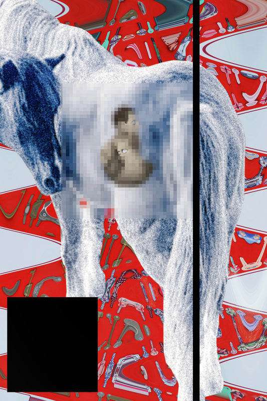 A digitally abstract image by a graduate artist in the UK showcases a large, pixelated white horse set against a vibrant red background adorned with various tools. A bold black vertical line and square partially obscure the scene, adding contrast and intrigue. Available at The Graduate Gallery.