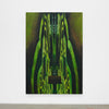 Abstract artwork by a graduate artist in the UK, featuring symmetrical green and black patterns resembling organic structures. The design has a central axis with swirling lines and deep shadows, creating depth and movement. Discover more graduate artworks for sale at The Graduate Gallery.