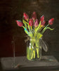 A still life painting by a graduate artist in the UK showcases a bouquet of red tulips in a clear glass jar against a dark background. An incense stick burns beside the jar, its smoke swirling elegantly. Discover more graduate artworks for sale at The Graduate Gallery.