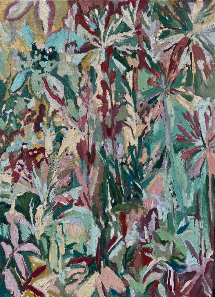 Abstract painting by a graduate artist Beatrice Hasell-McCosh in the UK, featuring overlapping, colorful leaves in shades of green, red, beige, and blue. The composition is dense, with varied brushstrokes creating depth and texture. Discover more graduate artworks for sale at The Graduate Gallery.