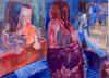 A colorful painting created by a talented graduate artist in the UK features abstract figures, including a central one wrapped in dark cloth. Other figures are near mirrors and a wooden structure, set against a blue background with hints of orange and red. This stunning piece is available for sale at The Graduate Gallery.