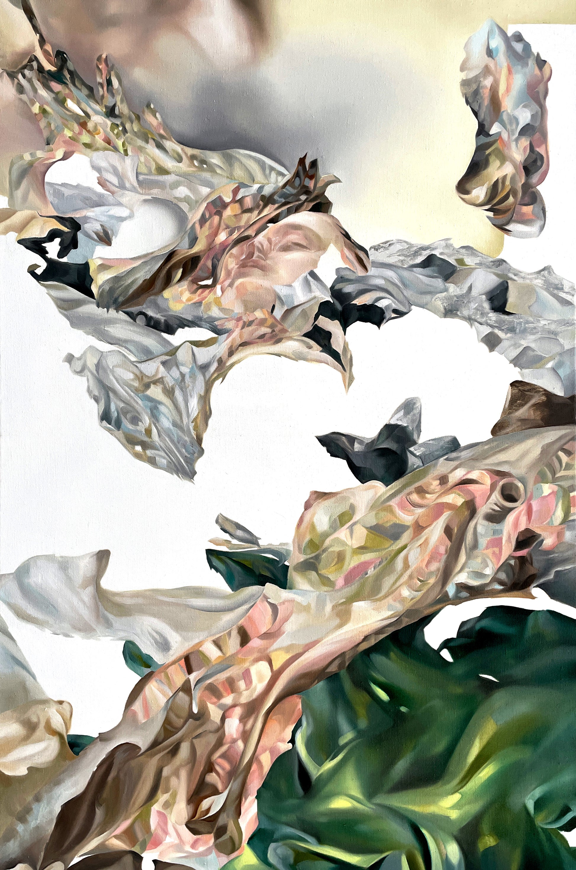 Abstract artwork by a graduate artist in the UK features swirling, organic shapes in earthy tones like beige, green, and brown. This dynamic composition against a light background suggests a natural theme with a dreamlike quality. Explore graduate artworks for sale at The Graduate Gallery.