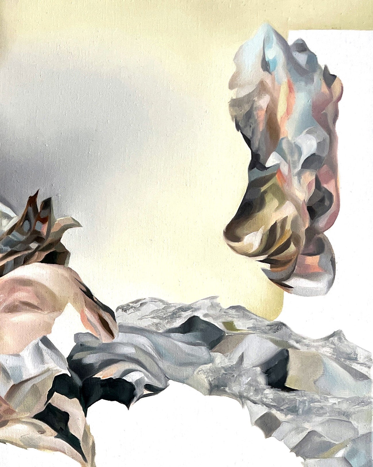 Abstract artwork by a graduate artist in the UK features swirling, organic shapes in earthy tones like beige, green, and brown. This dynamic composition against a light background suggests a natural theme with a dreamlike quality. Explore graduate artworks for sale at The Graduate Gallery.