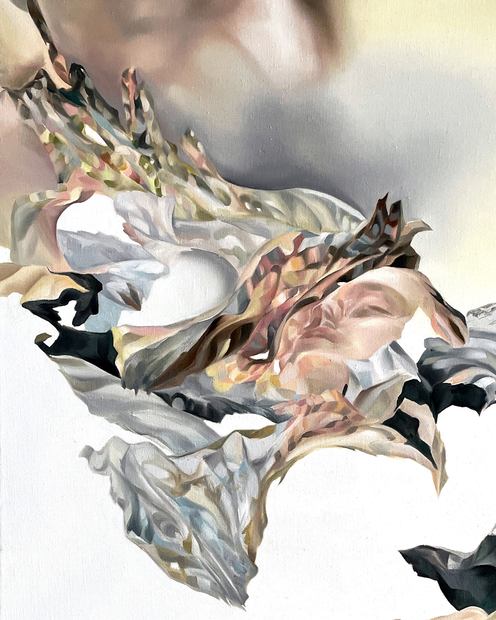 Abstract artwork by a graduate artist in the UK features swirling, organic shapes in earthy tones like beige, green, and brown. This dynamic composition against a light background suggests a natural theme with a dreamlike quality. Explore graduate artworks for sale at The Graduate Gallery.