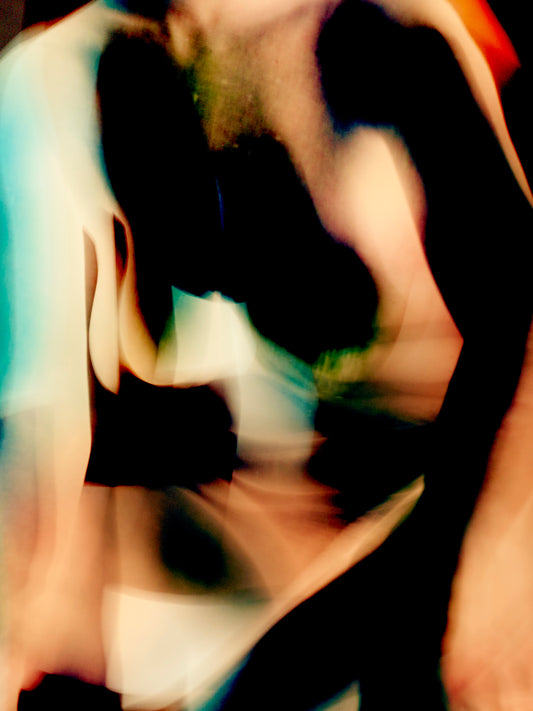 An abstract artwork by Myro Wulff featuring a blurred human figure in motion, with flowing shapes in shades of black, green, blue, and orange. The image has a dreamlike quality, evoking a sense of energy, transformation, and fluidity. Graduate Artist and Graduate Artworks by The Graduate Gallery.