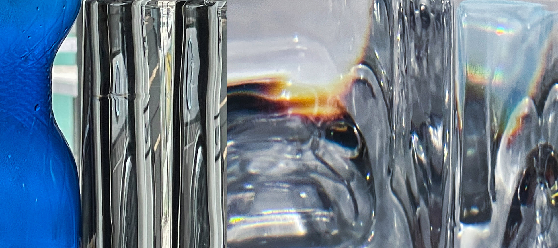 Created by a talented graduate artist in the UK, this close-up features abstract glass and plastic objects with distorted reflections. A blue textured surface graces the left, while wavy glass and light playfully distort vibrant colors on the right, available through The Graduate Gallery.