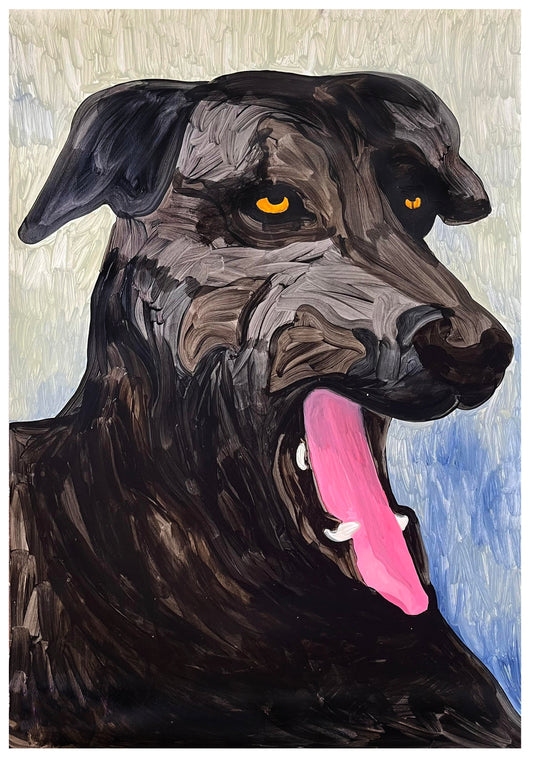 A vivid painting by a graduate artist in the UK showcases a black dog with expressive yellow eyes and an open mouth, revealing a pink tongue. The textured brushstrokes add depth to the fur and background in shades of grey and blue. This graduate artwork is available for sale at The Graduate Gallery.