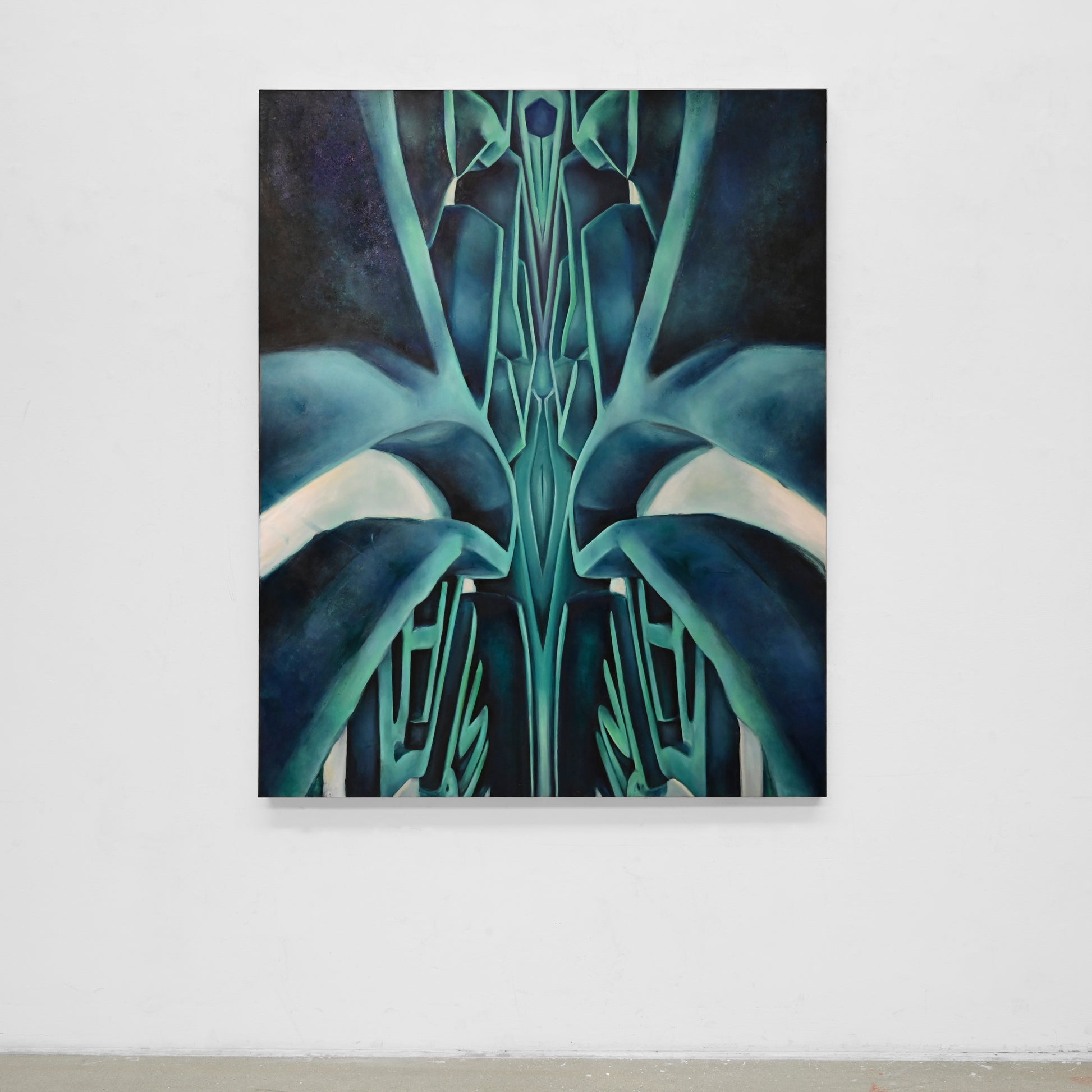 A green oil painting by Angelique Nagovskaya. A UK graduate artwork. Angelique Nagovskaya, an alumni from the Royal College of Art, paints dystopic futuristic paintings.