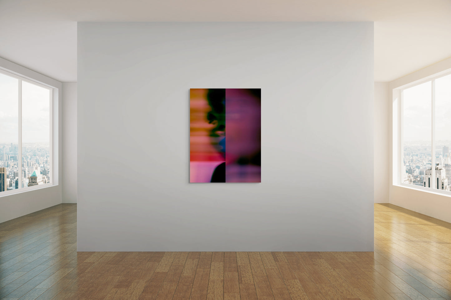 An abstract artwork by Myro Wulff featuring a blurred human figure in motion, with flowing shapes in shades of black, pink, and orange. The image has a dreamlike quality, evoking a sense of energy, transformation, and fluidity. Graduate Artist and Graduate Artworks by The Graduate Gallery.