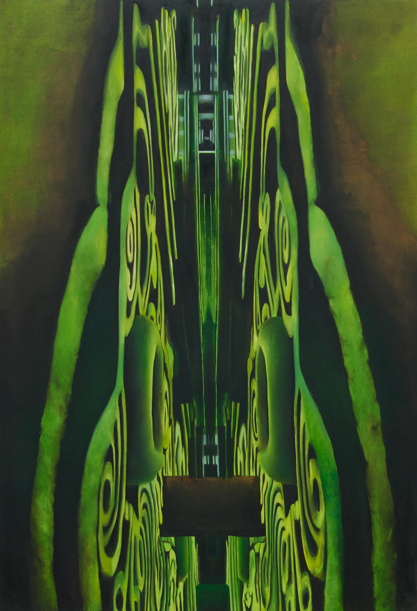 A green oil painting by Angelique Nagovskaya. A UK graduate artwork. Angelique Nagovskaya, an alumni from the Royal College of Art, paints dystopic futuristic paintings.