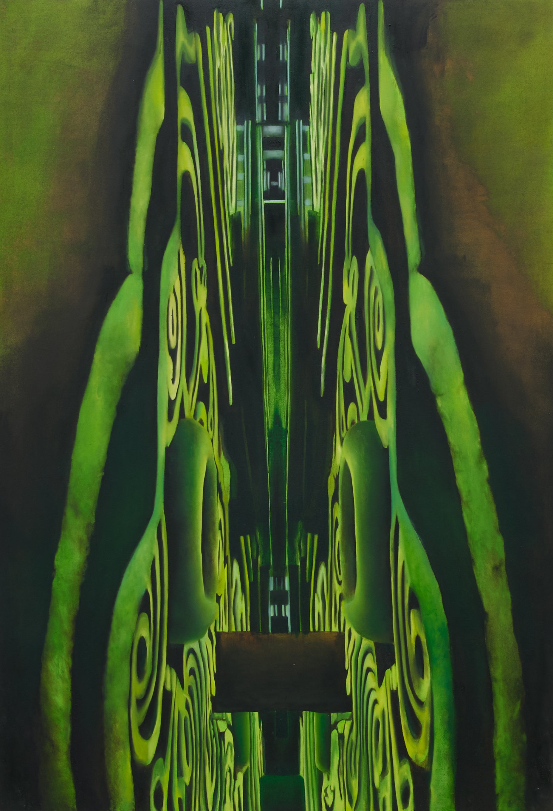 A green oil painting by Angelique Nagovskaya. A UK graduate artwork. Angelique Nagovskaya, an alumni from the Royal College of Art, paints dystopic futuristic paintings.