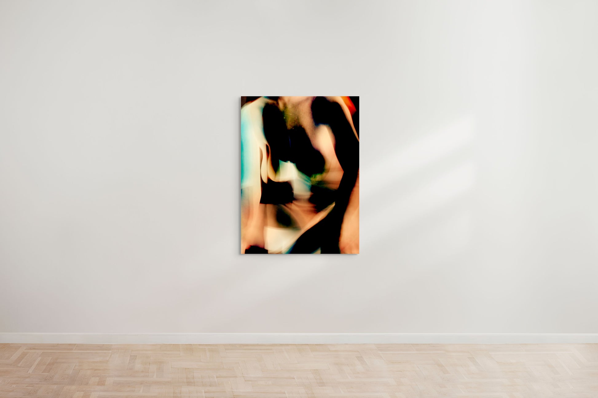 An abstract artwork by Myro Wulff featuring a blurred human figure in motion, with flowing shapes in shades of black, green, blue, and orange. The image has a dreamlike quality, evoking a sense of energy, transformation, and fluidity. Graduate Artist and Graduate Artworks by The Graduate Gallery.