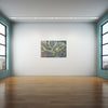 A painting by a graduate artist in the UK showcases a tree trunk and branches against a textured background, highlighted by a blue dot near the center. This captivating piece is available for sale through The Graduate Gallery's collection of memorable artworks.