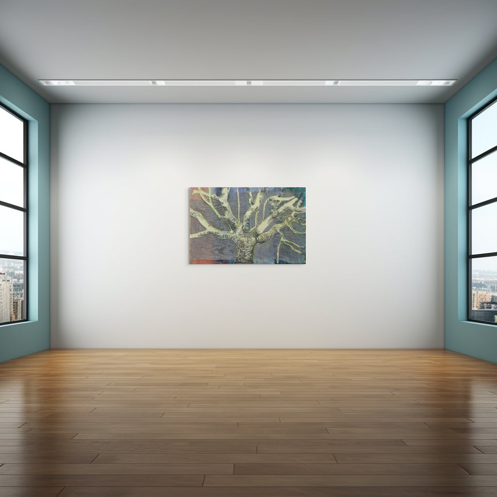 A painting by a graduate artist in the UK showcases a tree trunk and branches against a textured background, highlighted by a blue dot near the center. This captivating piece is available for sale through The Graduate Gallery's collection of memorable artworks.