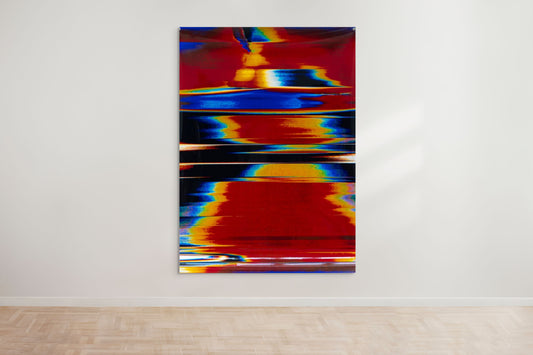 A vibrant abstract artwork by a talented graduate artist in the UK, featuring bold horizontal streaks of red, blue, orange, and black. The colors blend and distort, creating a dynamic visual effect reminiscent of a digital glitch or energy wave. Discover more graduate artworks for sale at The Graduate Gallery.