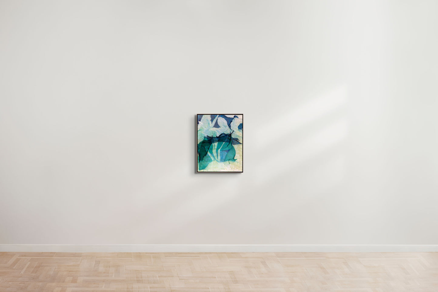 Abstract artwork by a graduate artist in the UK features swirling shades of blue and green. The overlapping layers create a sense of movement, resembling leaves or waves, with a textured and dynamic appearance. Discover similar graduate artworks for sale at The Graduate Gallery.