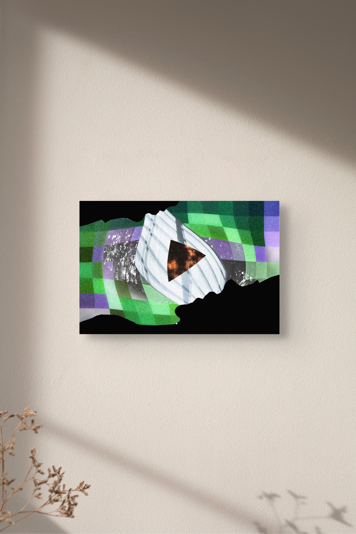 A colorful abstract image created by a graduate artist in the UK, featuring a play button centered within a distorted, textured background of green, purple, and black checkered patterns. White speckles and a flowing effect add dynamic movement to this striking composition available at The Graduate Gallery.