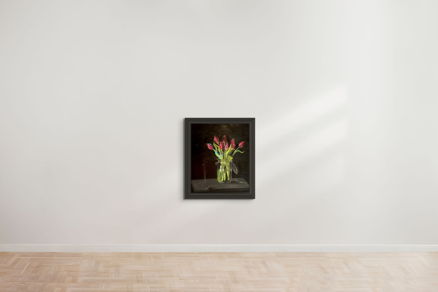 A still life painting by a graduate artist in the UK showcases a bouquet of red tulips in a clear glass jar against a dark background. An incense stick burns beside the jar, its smoke swirling elegantly. Discover more graduate artworks for sale at The Graduate Gallery.