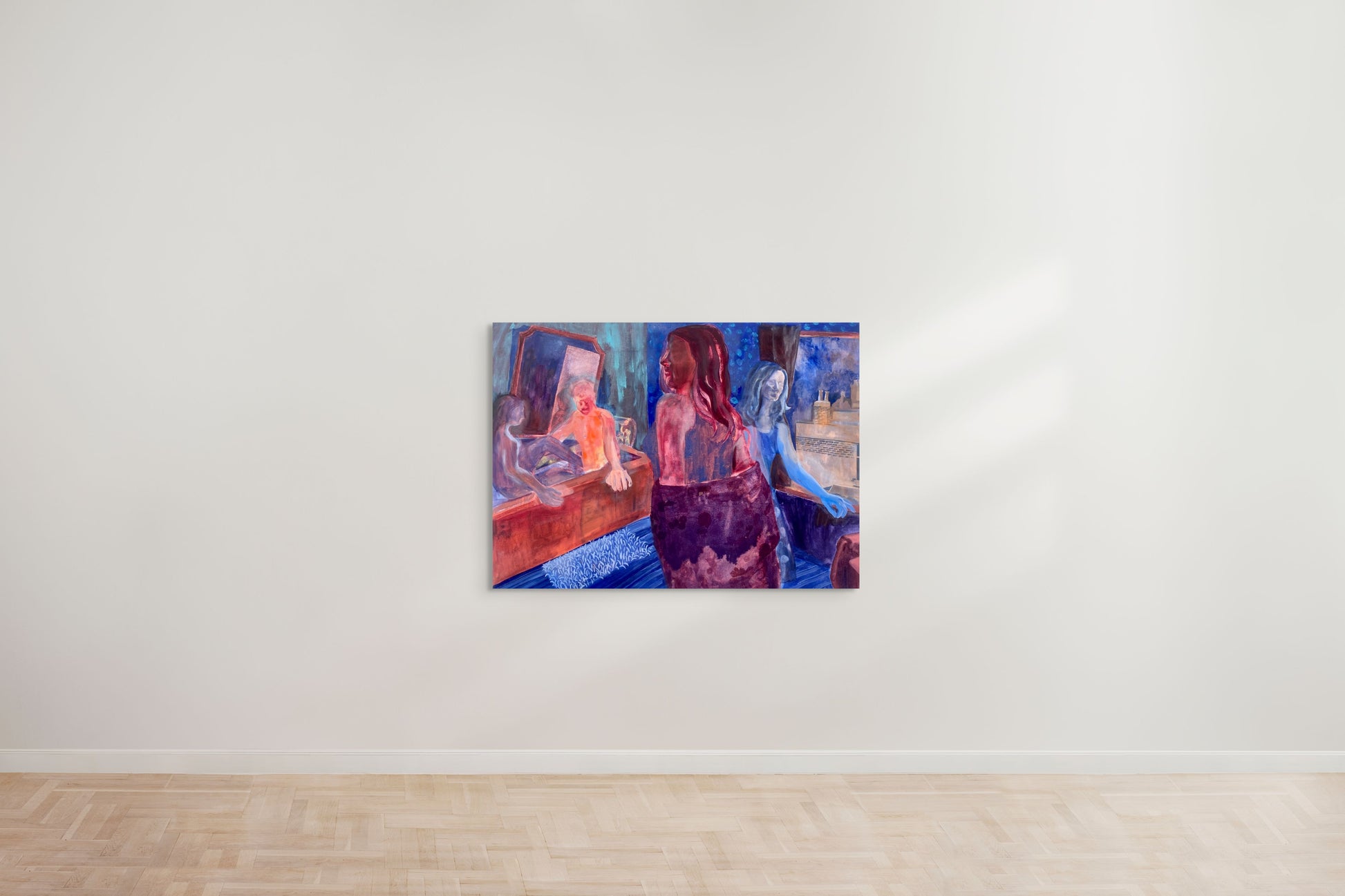 A colorful painting created by a talented graduate artist in the UK features abstract figures, including a central one wrapped in dark cloth. Other figures are near mirrors and a wooden structure, set against a blue background with hints of orange and red. This stunning piece is available for sale at The Graduate Gallery.