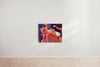 A painting by a talented graduate artist in the UK showcases two nude figures, one seated on a chair and the other in a bathtub. A third arm pours liquid over the seated figure's head, set against a warm-toned room with herringbone flooring. Discover this piece at The Graduate Gallery.