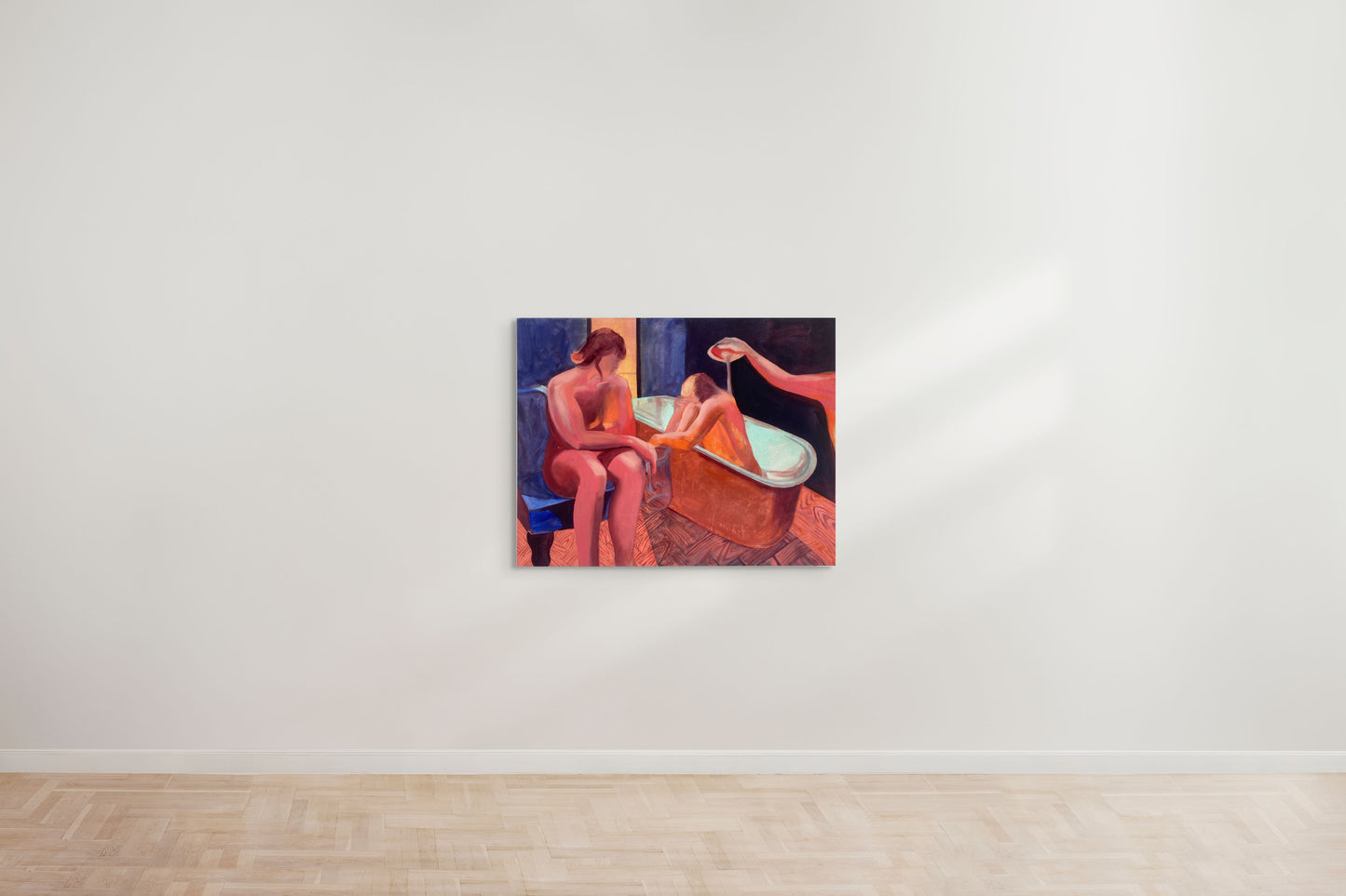 A painting by a talented graduate artist in the UK showcases two nude figures, one seated on a chair and the other in a bathtub. A third arm pours liquid over the seated figure's head, set against a warm-toned room with herringbone flooring. Discover this piece at The Graduate Gallery.