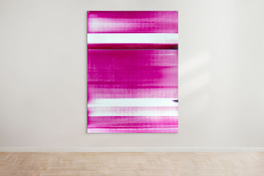 An abstract artwork by a graduate artist in the UK features horizontal bands of pink, magenta and white. The colors blend and blur, creating a dynamic, textured effect. Displayed with small metal clips at the corners, this piece is part of the graduate artworks for sale by The Graduate Gallery.