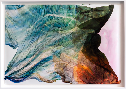 An abstract digital art piece crafted by a talented graduate artist in the UK features a swirling blend of colors and textures. Blue and green tones mix with warm orange and pink hues, creating organic, wave-like patterns. Explore more graduate artworks for sale by The Graduate Gallery.