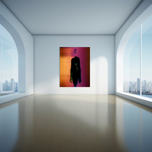 An abstract artwork by Myro Wulff featuring a blurred human figure in motion, with flowing shapes in shades of black, pink, and orange. The image has a dreamlike quality, evoking a sense of energy, transformation, and fluidity. Graduate Artist and Graduate Artworks by The Graduate Gallery.