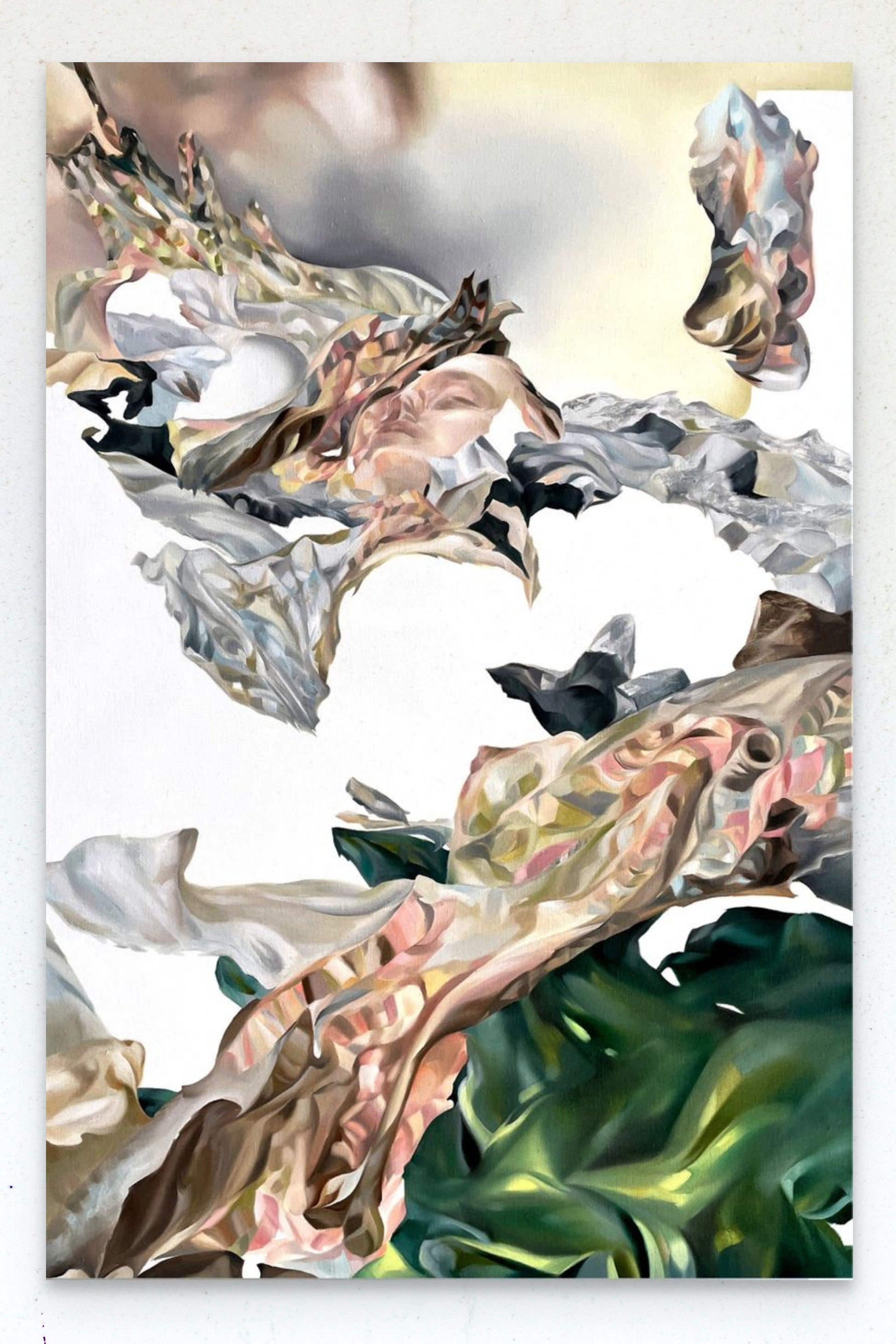 Abstract artwork by a graduate artist in the UK features swirling, organic shapes in earthy tones like beige, green, and brown. This dynamic composition against a light background suggests a natural theme with a dreamlike quality. Explore graduate artworks for sale at The Graduate Gallery.