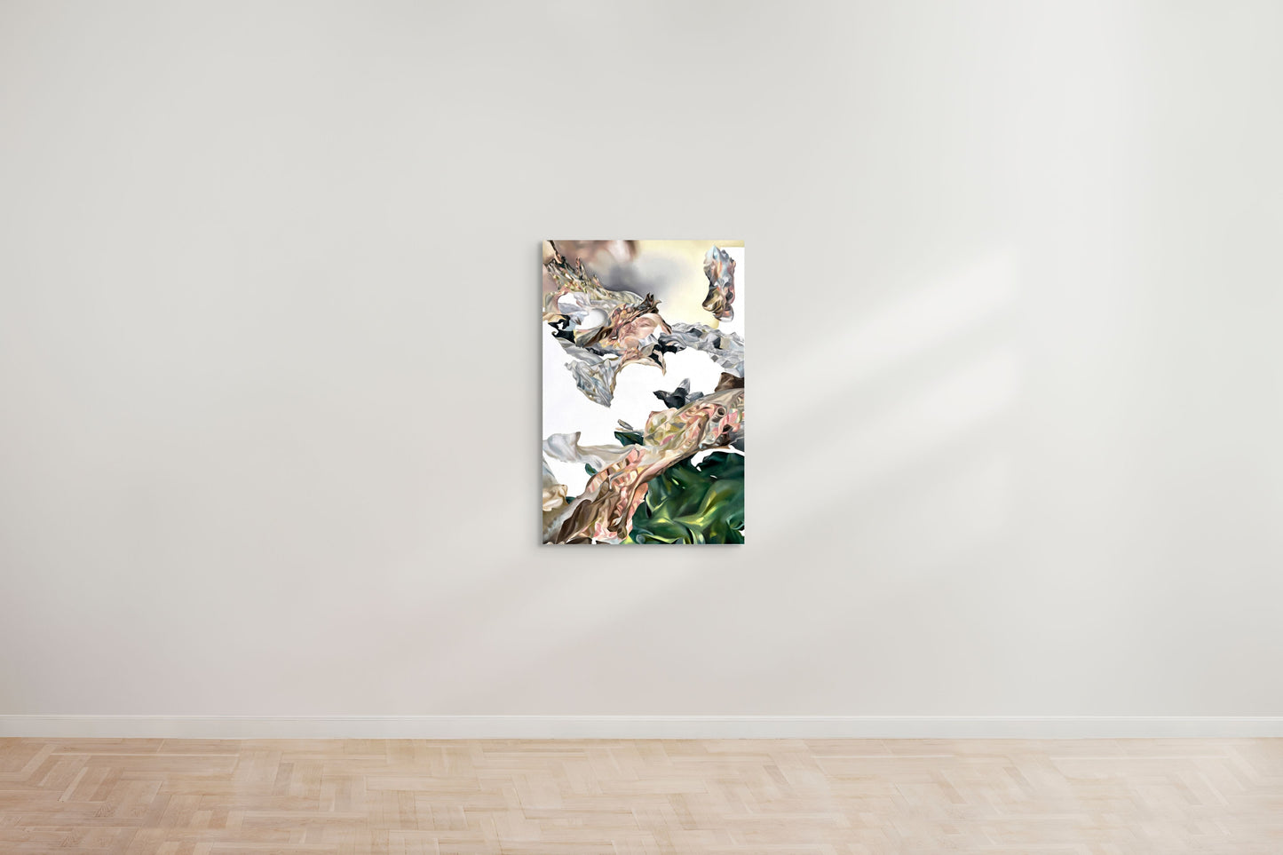 Abstract artwork by a graduate artist in the UK features swirling, organic shapes in earthy tones like beige, green, and brown. This dynamic composition against a light background suggests a natural theme with a dreamlike quality. Explore graduate artworks for sale at The Graduate Gallery.