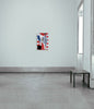 A digitally abstract image by a graduate artist in the UK showcases a large, pixelated white horse set against a vibrant red background adorned with various tools. A bold black vertical line and square partially obscure the scene, adding contrast and intrigue. Available at The Graduate Gallery.