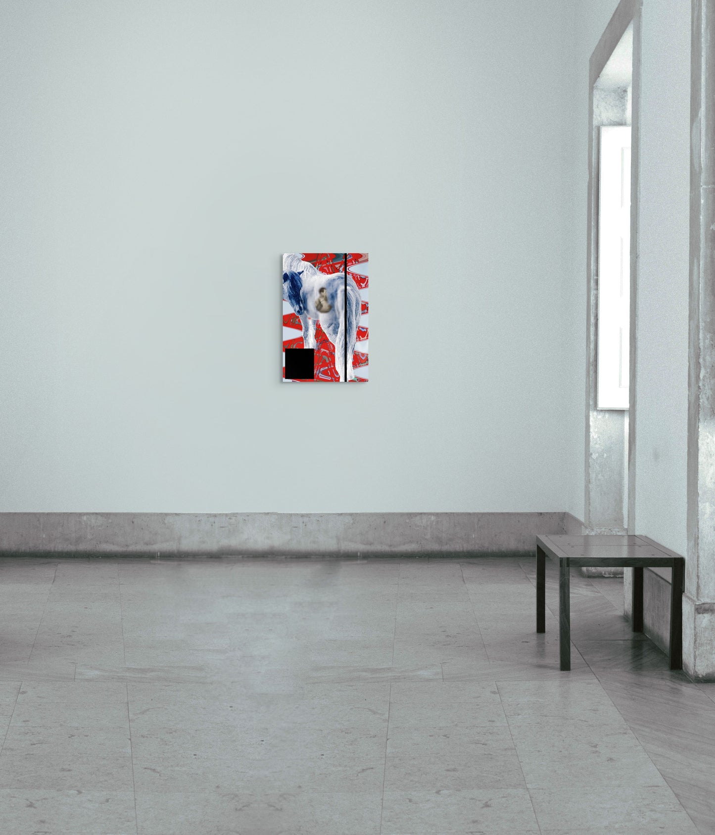 A digitally abstract image by a graduate artist in the UK showcases a large, pixelated white horse set against a vibrant red background adorned with various tools. A bold black vertical line and square partially obscure the scene, adding contrast and intrigue. Available at The Graduate Gallery.