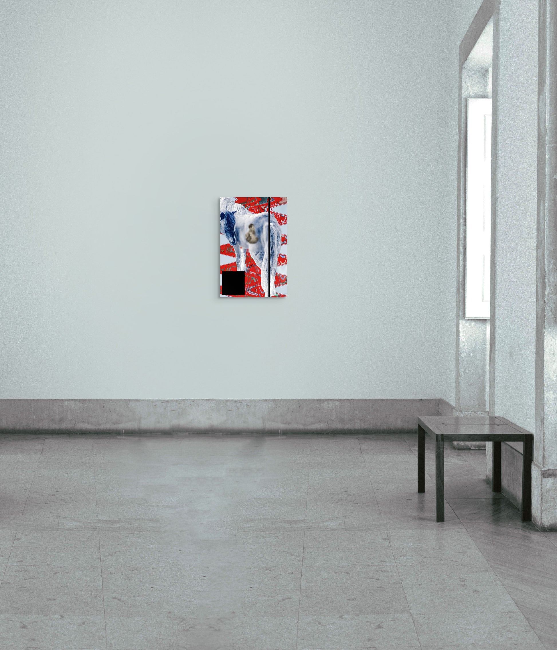 A digitally abstract image by a graduate artist in the UK showcases a large, pixelated white horse set against a vibrant red background adorned with various tools. A bold black vertical line and square partially obscure the scene, adding contrast and intrigue. Available at The Graduate Gallery.