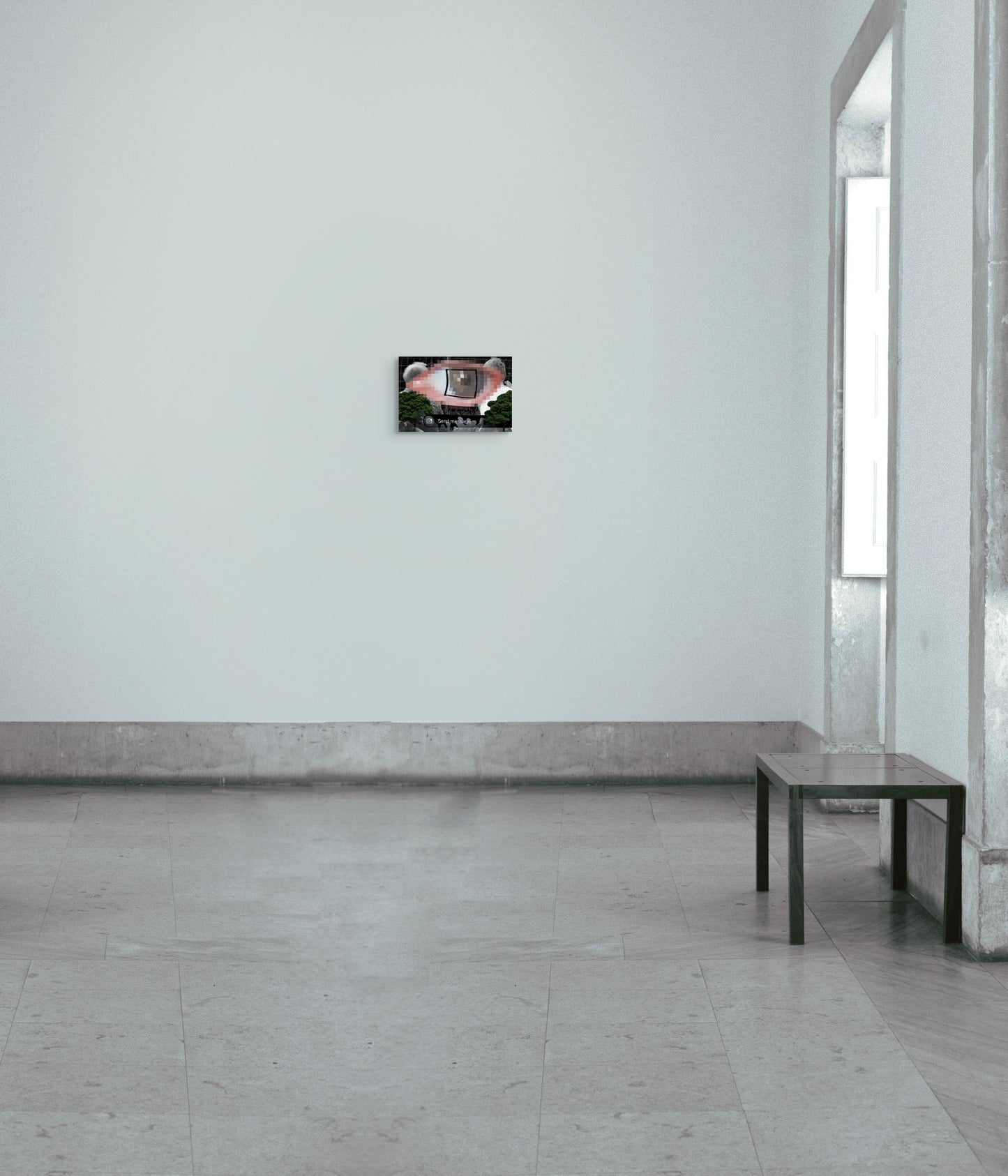 A heavily pixelated eye overlays a black-and-white image of two people on a bench. Green trees frame the scene, hinting at the creative talent of a graduate artist in the UK. At the bottom, a Send message icon invites you to explore more graduate artworks for sale by The Graduate Gallery
