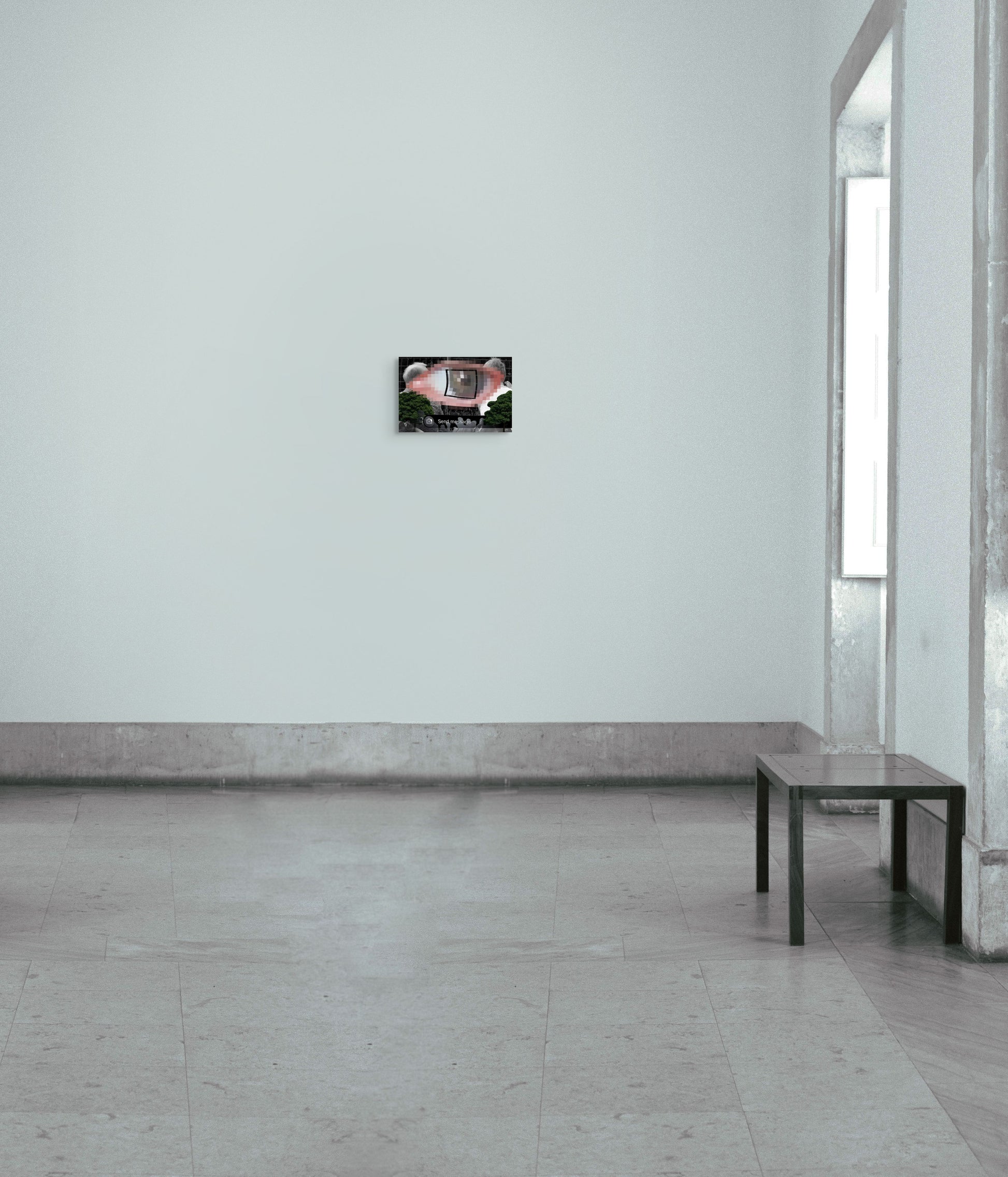 A heavily pixelated eye overlays a black-and-white image of two people on a bench. Green trees frame the scene, hinting at the creative talent of a graduate artist in the UK. At the bottom, a Send message icon invites you to explore more graduate artworks for sale by The Graduate Gallery