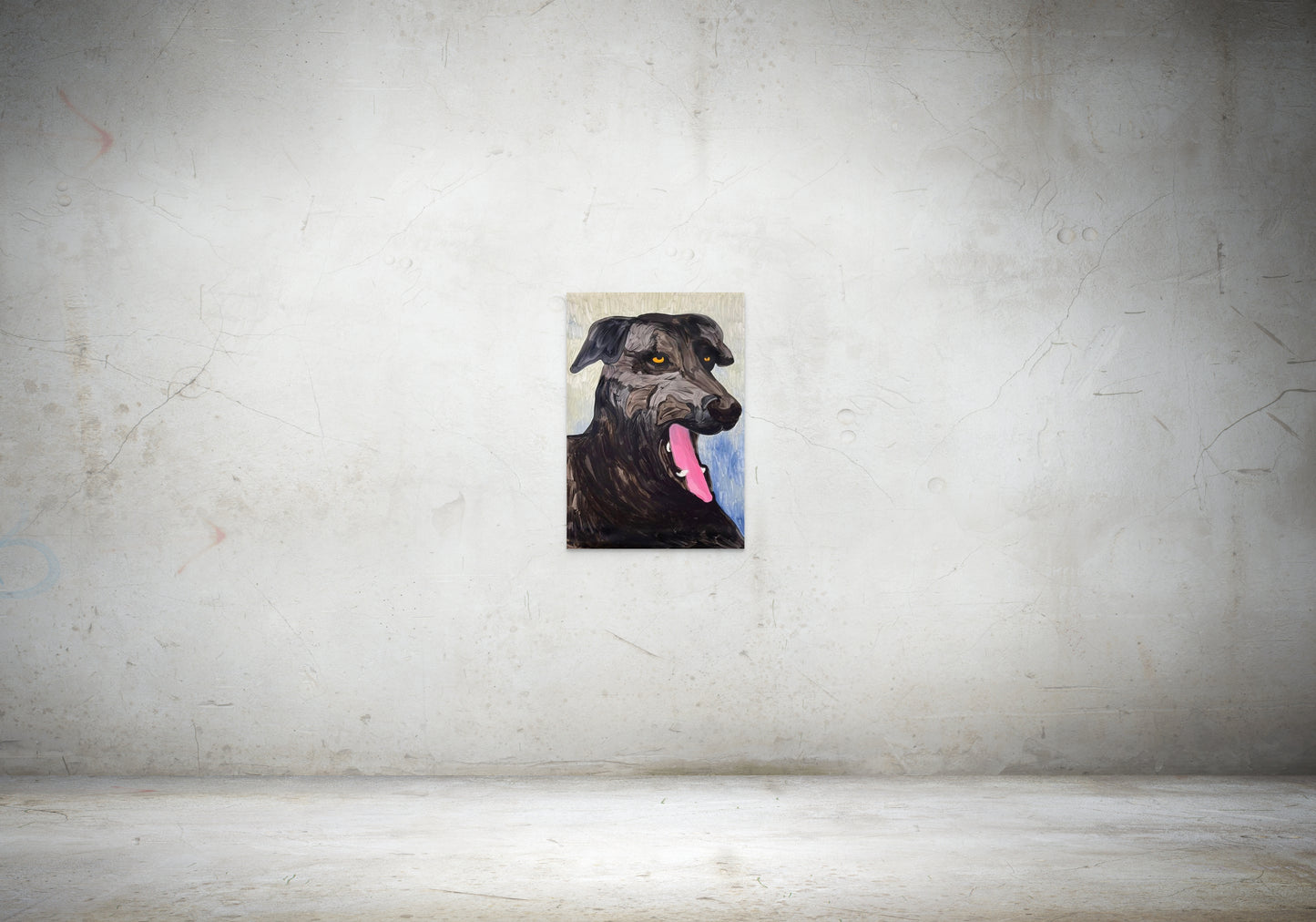 A vivid painting by a graduate artist in the UK showcases a black dog with expressive yellow eyes and an open mouth, revealing a pink tongue. The textured brushstrokes add depth to the fur and background in shades of grey and blue. This graduate artwork is available for sale at The Graduate Gallery.