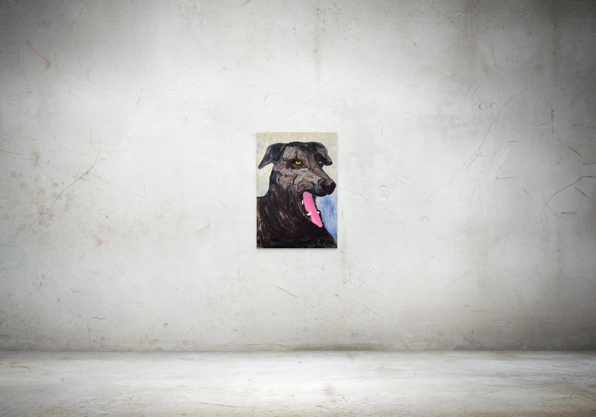 A vivid painting by a graduate artist in the UK showcases a black dog with expressive yellow eyes and an open mouth, revealing a pink tongue. The textured brushstrokes add depth to the fur and background in shades of grey and blue. This graduate artwork is available for sale at The Graduate Gallery.