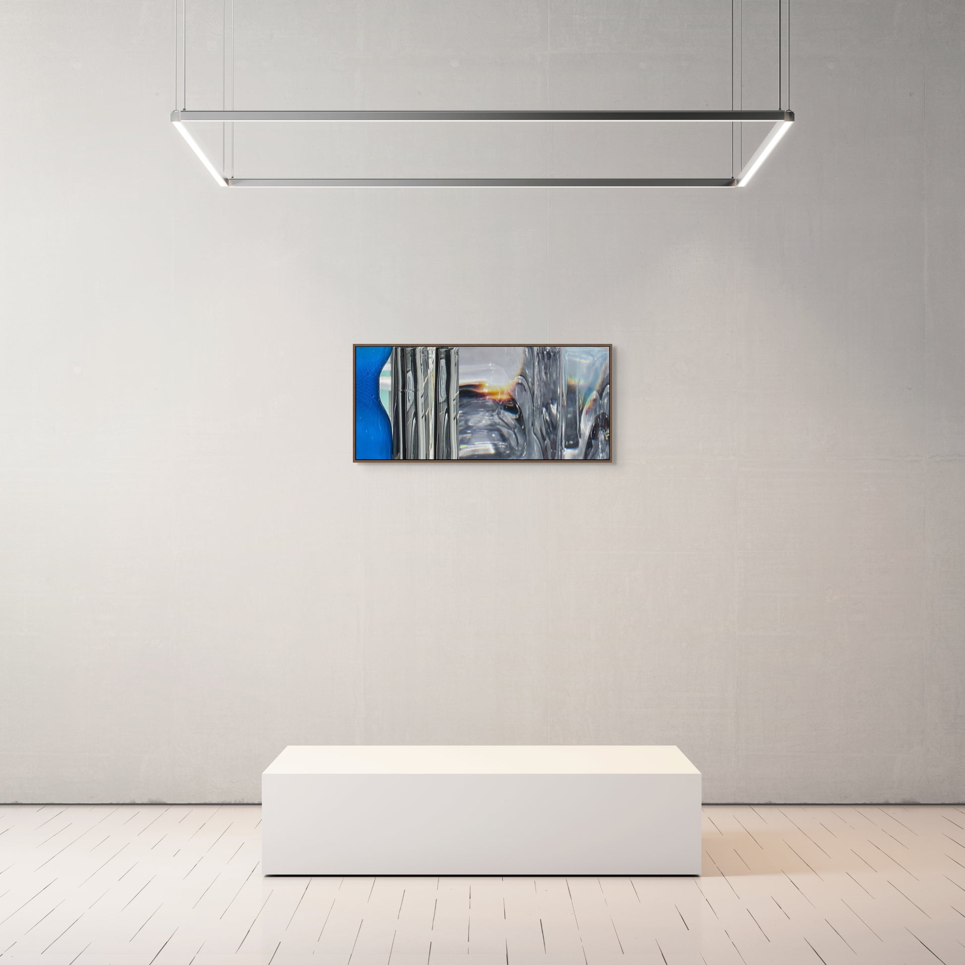 Created by a talented graduate artist in the UK, this close-up features abstract glass and plastic objects with distorted reflections. A blue textured surface graces the left, while wavy glass and light playfully distort vibrant colors on the right, available through The Graduate Gallery.