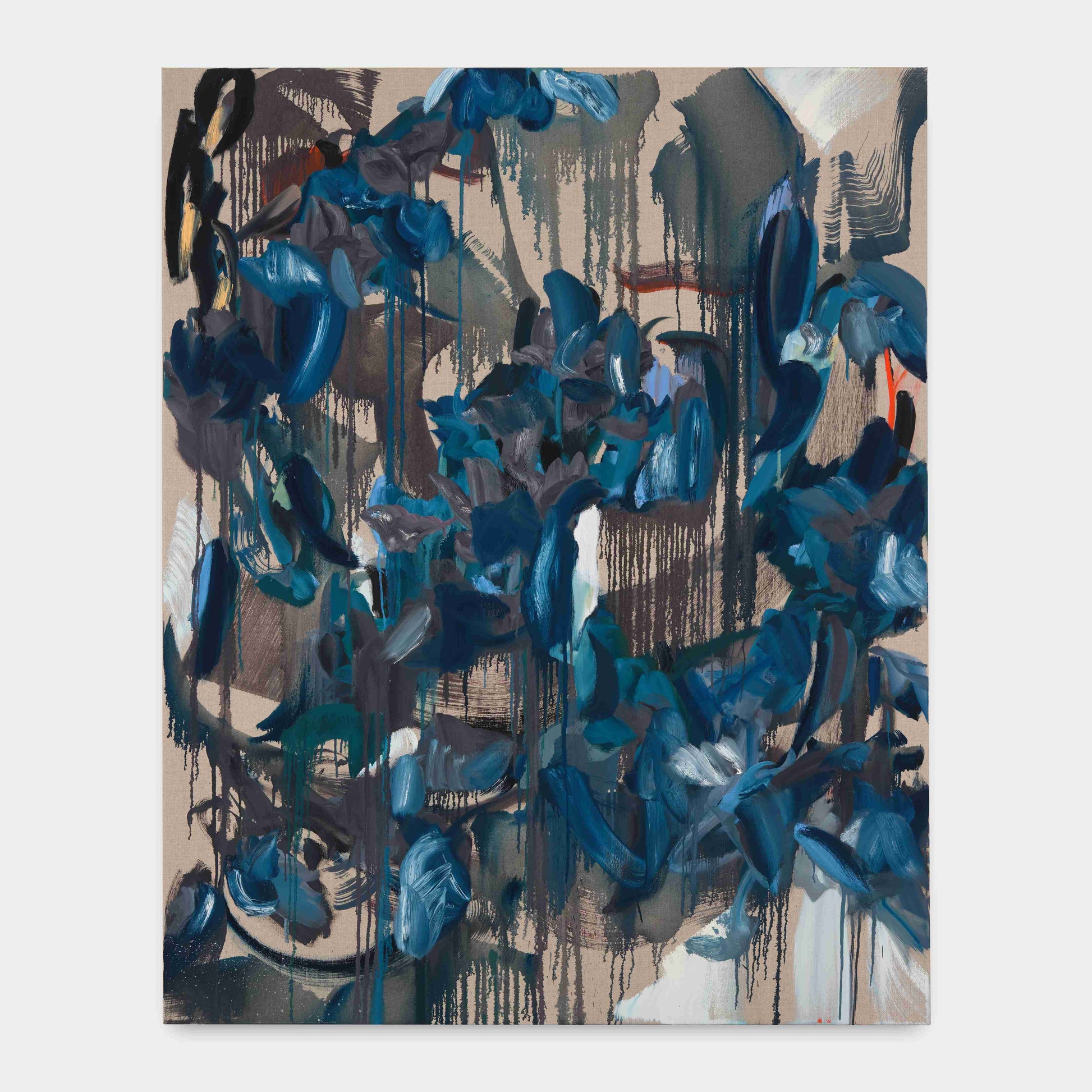 An abstract painting by a graduate artist in the UK features bold brushstrokes and splashes of blue, black, and gray on a beige canvas. The composition includes drips and layers, crafting a dynamic texture. This standout piece is part of the graduate artworks for sale at The Graduate Gallery.