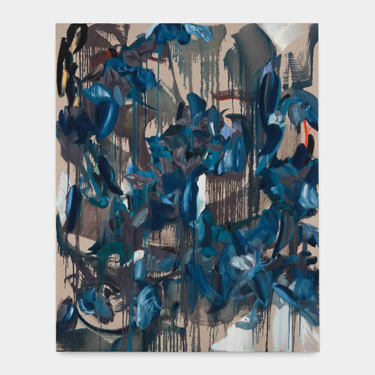 An abstract painting by a graduate artist in the UK features bold brushstrokes and splashes of blue, black, and gray on a beige canvas. The composition includes drips and layers, crafting a dynamic texture. This standout piece is part of the graduate artworks for sale at The Graduate Gallery.