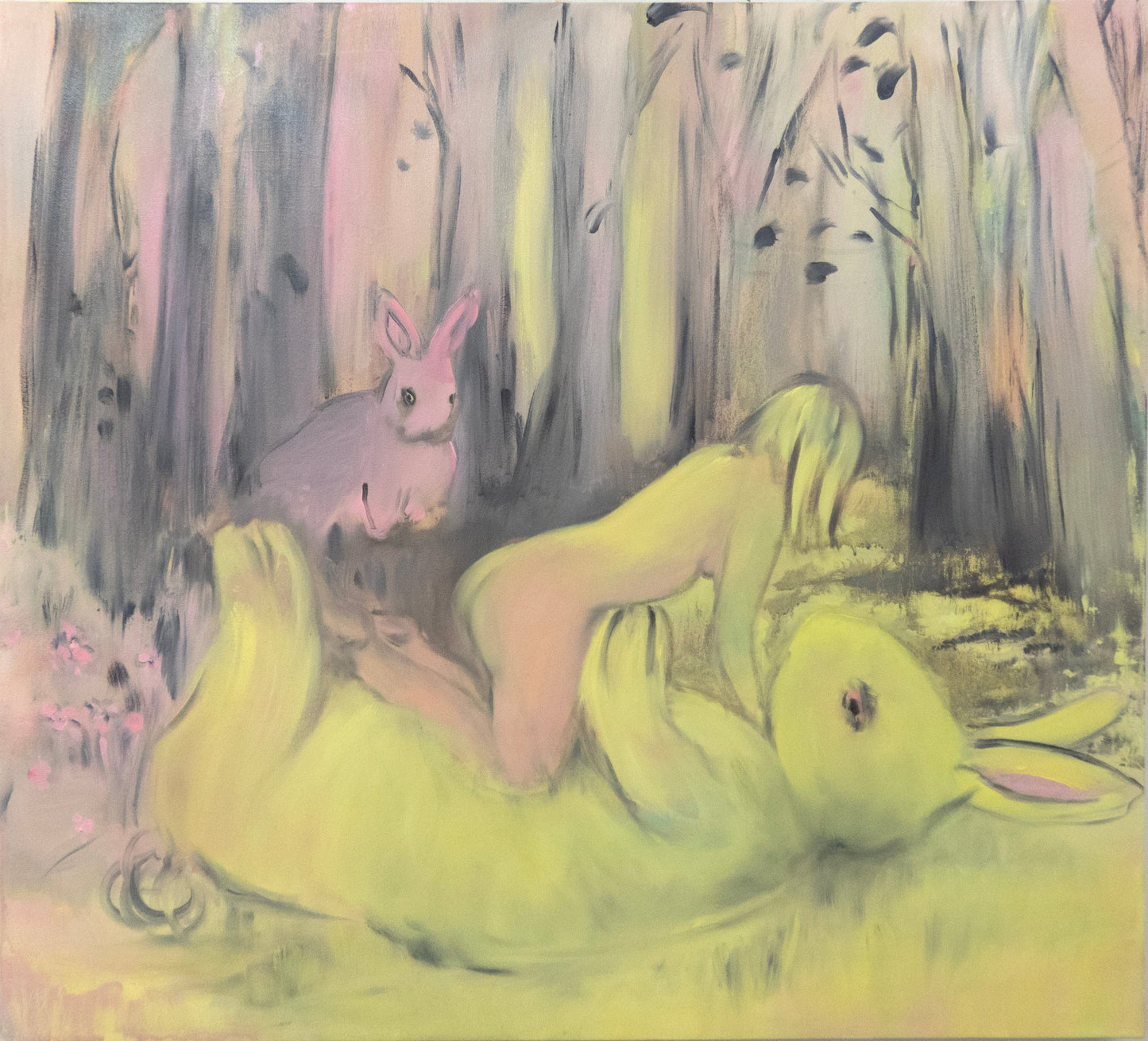 A painting of two rabbits in a pastel colored forest, with one rabbit lying on its back and the other sitting nearby, by Amy Steel and titled After Glow