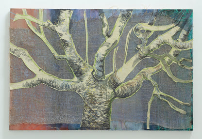 A painting by a graduate artist in the UK showcases a tree trunk and branches against a textured background, highlighted by a blue dot near the center. This captivating piece is available for sale through The Graduate Gallery's collection of memorable artworks.