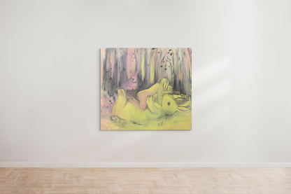 A painting of two rabbits in a pastel colored forest, with one rabbit lying on its back and the other sitting nearby, by Amy Steel and titled After Glow